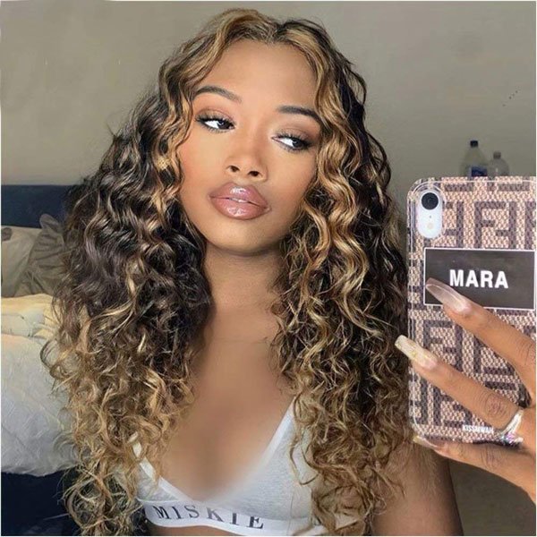 Curly Lace Frontal 4/27 Honey Blonde Highlight Remy Human Hair Wigs With Pre-plucked Hair-line