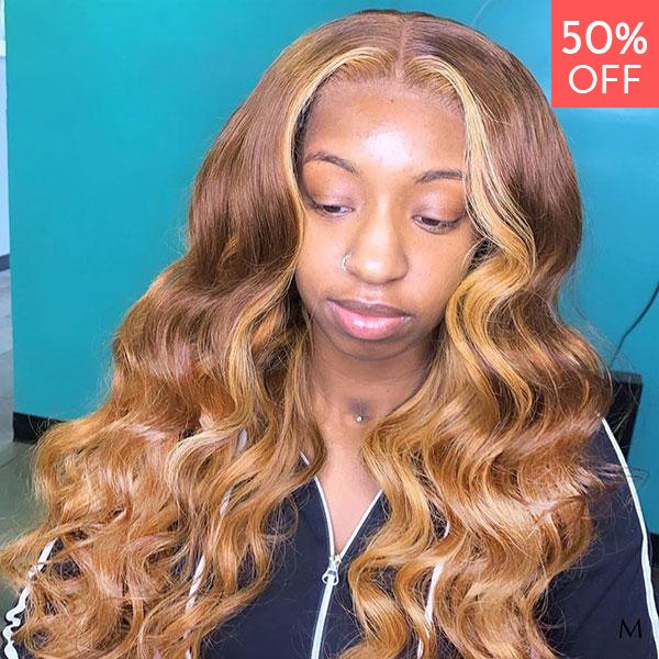 Brown and Honey Blonde Ombre Wigs, Body Wave Remy Human Hair Wigs Pre-Plucked