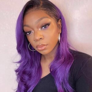 Lace Front Bright Purple Ombre Remy Human Hair Wigs Pre-plucked 1B/Bright Purple, Body Wave