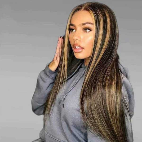 Lace Frontal 1B/27 Honey Blonde Highlight Pre-plucked Remy Human Hair Wigs, Straight