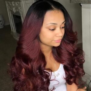 Lace Front Burgundy Long Remy Human Hair Wigs with Pre-plucked Hairline 1B/99J, Body Wave