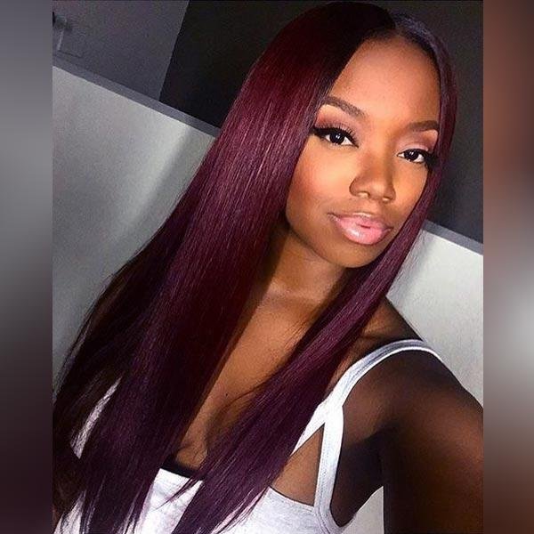 Lace Front Burgundy Long Remy Human Hair Wigs with Pre-plucked Hairline 1B/99J, Straight