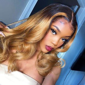 Lace Frontal Blonde Ombre Long Remy Human Hair Wig with Pre-Plucked Hairline 1B/27, Body Wave